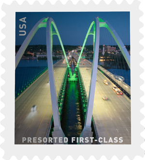 The Interstate 74 Mississippi River Bridge between Bettendorf, Iowa, and Moline, Illinois, is one of four bridges depicted on new stamps from the US Postal Service.